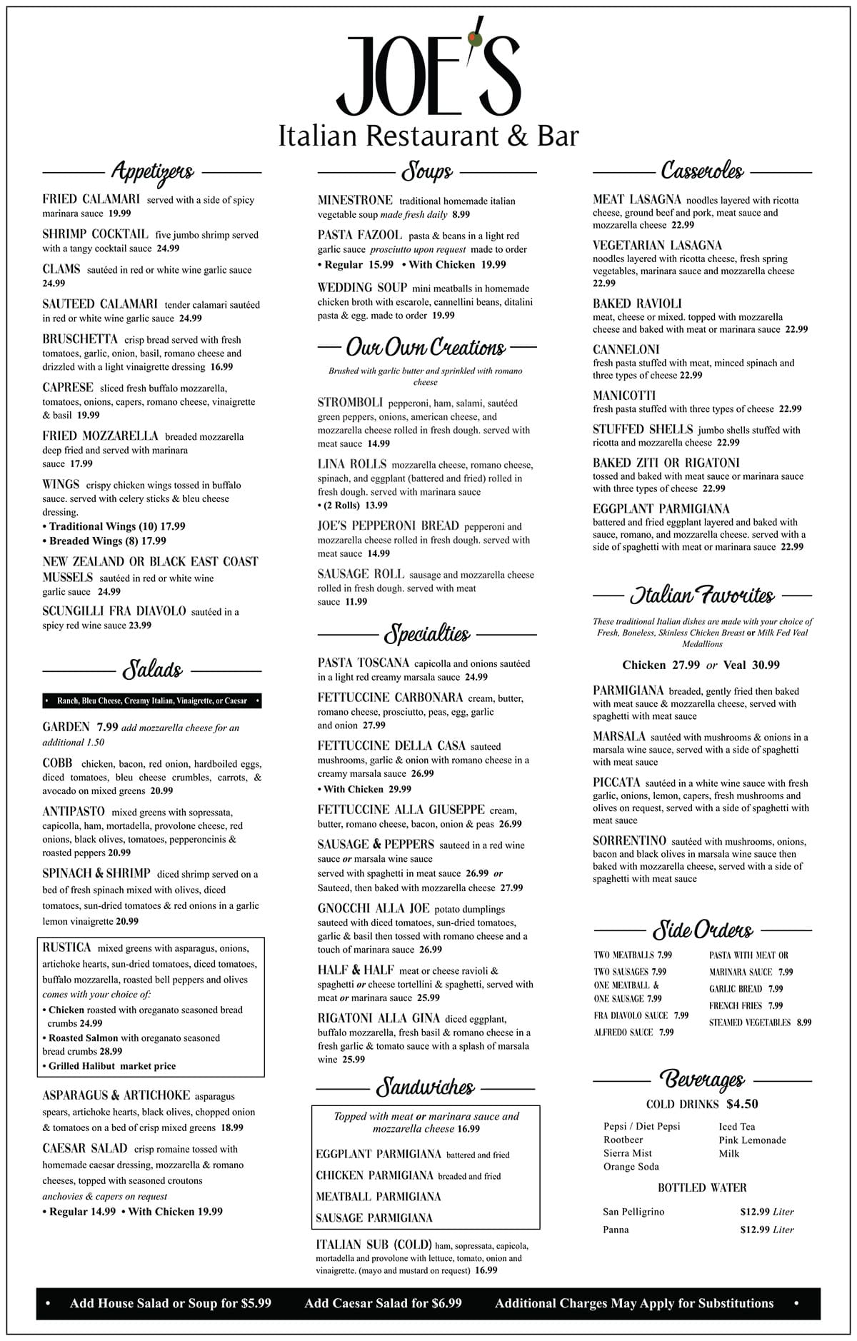 Joe's Italian restaurant menu