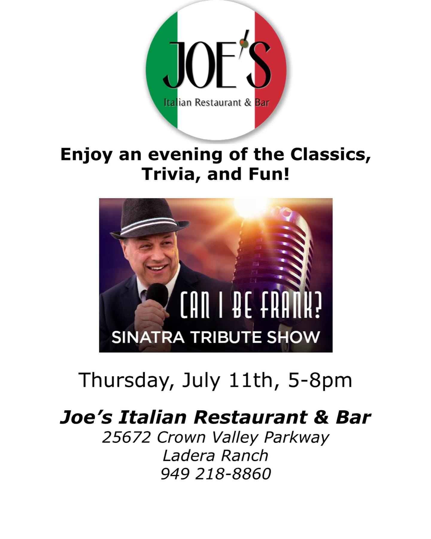 Sinatra Tribute at Joe's Italian Restaurant
